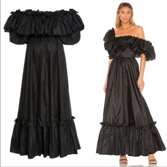 LoveShackFancy Tara Off The Shoulder Ruffle Trim Taffeta Maxi Dress Size 6 Black